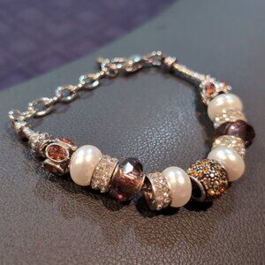 Bella Perlina Pandora Style Charm Bracelet Rhinestone Pearl Silver Customizable